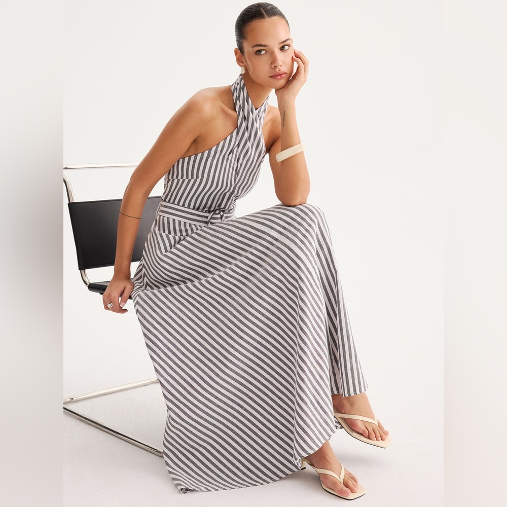 Commense Striped Halter Belted Maxi Dress